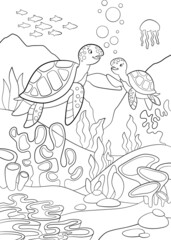 Wall Mural - Coloring page. Mother sea turtle swims with her little cute baby sea turtle and smiles. They are underwater