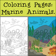 Coloring Page with example. Underwater landscape. At the bottom there are stones and various algae grow. Fish and other marine animals swim in the water.