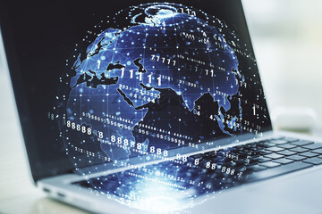 Poster - Multi exposure of abstract graphic coding sketch with world map on modern computer background, big data and networking concept