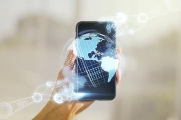 Poster - Creative abstract robotics technology sketch with globe and hand with cellphone on background, future technology and AI concept. Double exposure