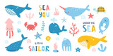Fototapeta Pokój dzieciecy - Marine life colorful baby vector set. Collection of cartoon sea underwater cute animals and plants.