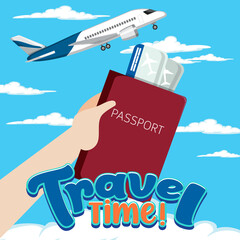 Wall Mural - Travel Time logo banner with passport and plane