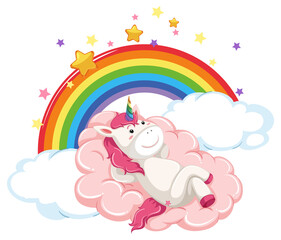 Sticker - Pink unicorn lying on a cloud with rainbow