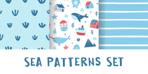 Wall Mural - set of scandinavian patterns for baby. collection of cute fabric nordic sea prints. bundle of naive 