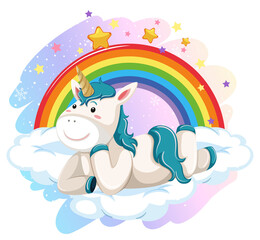 Canvas Print - Blue unicorn lying on a cloud with rainbow