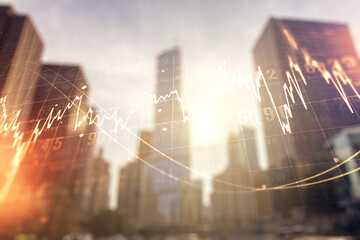 Aufkleber - Multi exposure of abstract financial graph on office buildings background, financial and trading concept