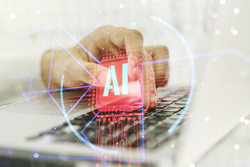 Poster - Double exposure of creative artificial Intelligence abbreviation with hand typing on computer keyboard on background. Future technology and AI concept