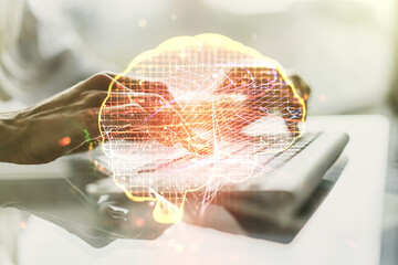 Poster - Creative artificial Intelligence concept with human brain sketch and hands typing on computer keyboard on background. Double exposure