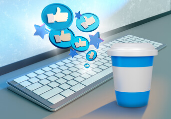 Poster - Cup of coffee and keyboard. Symbol like and favorites as metaphor for social networks. Social media marketing concept. Promoting products on social media. Banner on theme internet marketing. 3d image