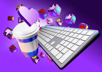 Poster - Blogging concept. Emoji and like next to keyboard. Glass of coffee and keyboard on purple. Statement of your own blog in social networks. Getting reactions from blog readers. 3d rendering.