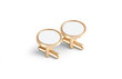 Blank round gold cufflinks toggle mockup pair stand, side view