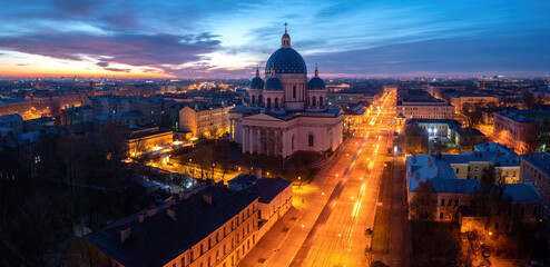 Wall Mural - Saint Petersburg church. Russia panorama. Trinity-Izmailovsky Cathedral in summer evening. Evening Petersburg. Izmailovsky Cathedral view from quadrocopter. Saint Petersburg travel. Russia religion