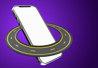 Poster - phone design. Smartphone on purple. Smartphone with blank screen. Copy space on white. Road around phone. Phone design mock up. Template for website or application. Design for your banner. 3d image.
