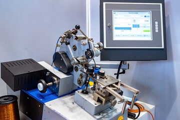 Poster - lathe with operator panel. production equipment close-up. specialized turning equipment. mechanism o
