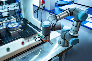 Poster - Robot manipulator. Robotic soldering in production. Robotic production of microelectronics. Production of micro technology. Robotic arm at modern manufacture. Automated industrial equipment