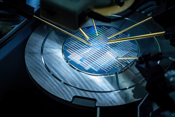 Poster - Printed circuit boards production. Robot makes Printed circuit boards. Automated chip manufacturing. Making microchips. PCB assembly. Research microchip transistor in lab. Chip manufacturing close up