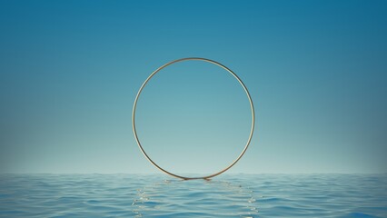 Canvas Print - 3d render, surreal seascape with golden ring in the middle of the sea. wallpaper with blue sky above
