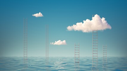 Wall Mural - 3d render, surreal seascape with ladders in the middle of the sea. panoramic wallpaper with white cl