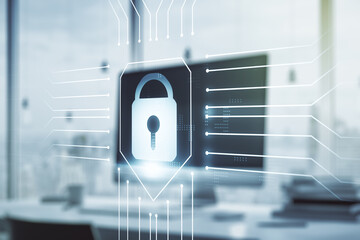 Poster - Creative lock sketch with chip hologram on modern laptop background, protection of personal data concept. Multiexposure