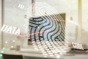 Poster - Double exposure of abstract creative fingerprint hologram on laptop background, research and development concept