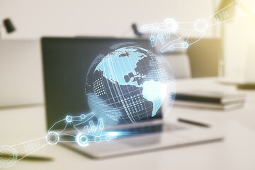 Aufkleber - Creative abstract robotics technology hologram with globe on modern computer background, artificial intelligence and machine learning concept. Multi exposure