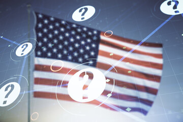 Aufkleber - Abstract virtual question mark illustration on USA flag and sunset sky background. FAQ and search concept. Multiexposure