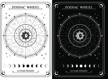 Zodiac Wheel, Horoscope Symbols With Sun And Moon. Zodiac Circle With Twelve Signs And Constellations. Astrology, Prediction Of The Future.