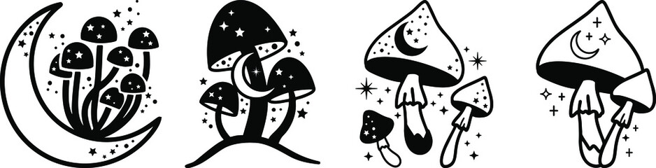 Celestial Mystical boho mushrooms, magic mushroom with moon and stars, witchcraft symbol, witchy esoteric objects, floral mystical elements fungi, fungus. Witchy tattoos. Esoteric clipart