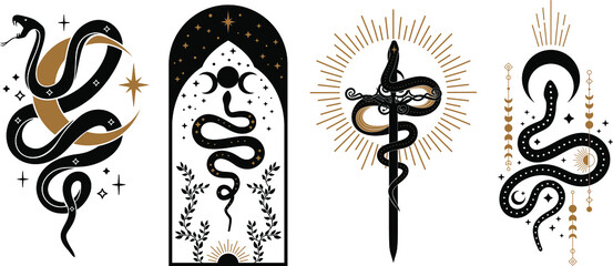 Sticker - Boho mystical snakes with moon, sun, stars magic and floral elements in trendy occult style. esoteric serpent with mystical magic objects for tattoo, t-shirt, prints. Celestial Spiritual occultism