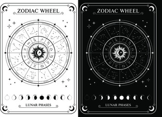 Zodiac Wheel, horoscope symbols with Sun and moon. Zodiac circle with twelve signs and constellations. astrology, prediction of the future.