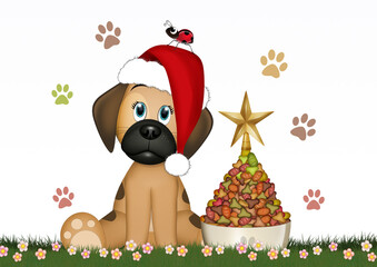 Poster - the dog celebrates christmas and makes the tree with croquettes