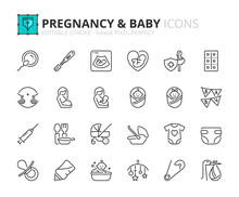 Simple Set Of Outline Icons About Pregnancy And Baby.
