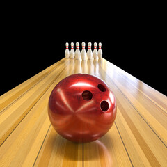 Wall Mural - red bowling ball with classic track and skittles.