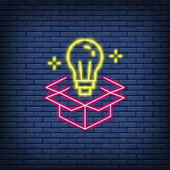 Canvas Print - Vector light bulb in box, innovation, creative idea neon sign.