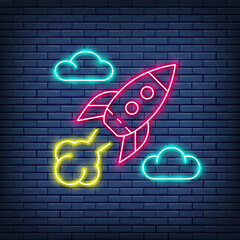 Sticker - Vector rocket, startup neon sign. Isolated on a brick wall background