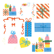 Illustrated Presents, Ribbons, Wrapped Gifts, And Xmas Decorations