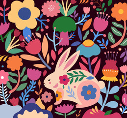 Poster - Colorful floral illustration with rabbit. Happy easter greeting card with decorative easter bunny	