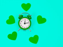 Postcard With Felt Hearts And Alarm Clock With Copyspace Green Color Saint Patrick Day