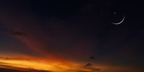 Wall Mural - crescent moon and stars on dusk sky twilight background, religion of islamic symbol in ramadan month