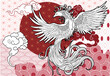 abstract illustration of mythological bird phoenix Fenghuang on different patterns 