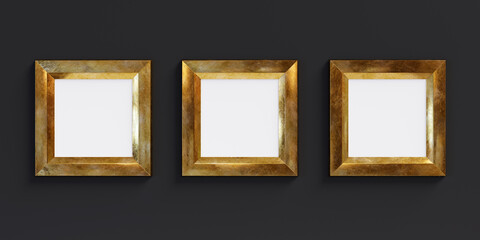 Poster - Three golden rectangle frames isolated on black background. 3D render. 3D illustration.