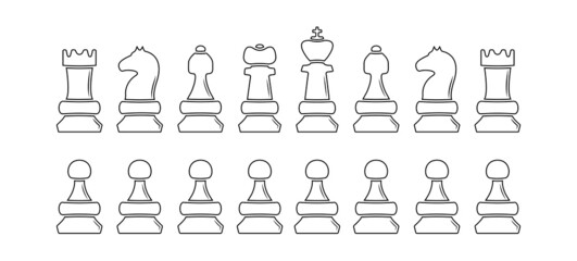 Chess figures outline icon vector set on white background. Strategy concept check game figures. Business competition, strategy, logical thinking illustration icon set.
