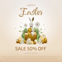 3d Realistic Bunny With Gold Easter Egg Elements With Flower And Leaf Decorations.