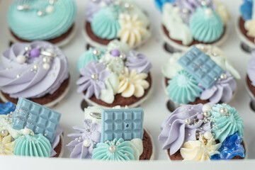 Wall Mural - Set of winter style chocolate cupcakes with whipped cream on top decorated with candies in the white box on the white background