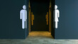 Public toilet entrance in modern cafes and public buildings with white signs 3d illustration