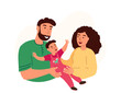 Foster family portrait. Happy mother, father and adopted kid. Smiling parents and adoptive child. Mom, dad and son. Children adoption concept. Flat vector illustration isolated on white background