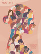 Profile silhouette group of many multicultural women and girls forming a woman head in profile. Female community of social network. Racial equality. Allyship. Empowerment. Cover - poster