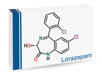 Poster - Lorazepam molecule. It is benzodiazepine with sedative, anxiolytic properties, used to treat panic disorders, severe anxiety, seizures. Skeletal chemical formula. Paper packaging for drugs