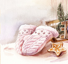 Knitted Mittens With Beads
And Cookies On  Background Of  Winter Landscape.Watercolor Illustration.