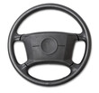 Spare part and interior element of a car steering wheel with leather trim and buttons with airbag on a white isolated background. Auto service industry. Catalog of junkyard.